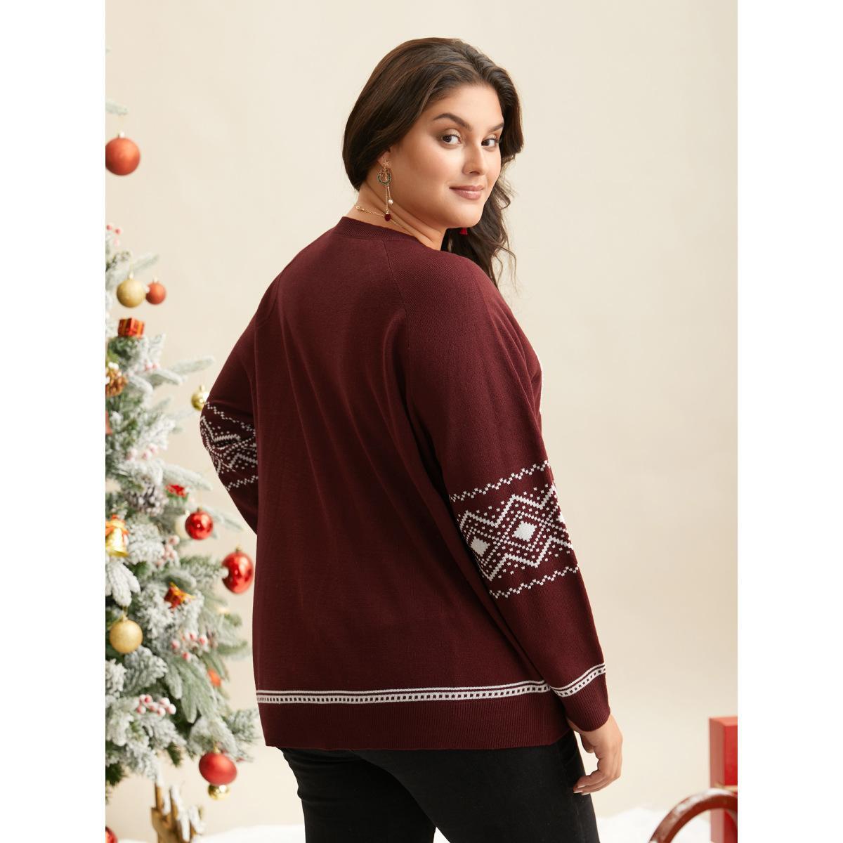 Plus Size Geo Reindeer Printed Sleeves Straight Fit Pullover Scarlet Women Casual Loose Long Sleeve Round Neck Everyday Pullovers BloomChic 10/M Product Image