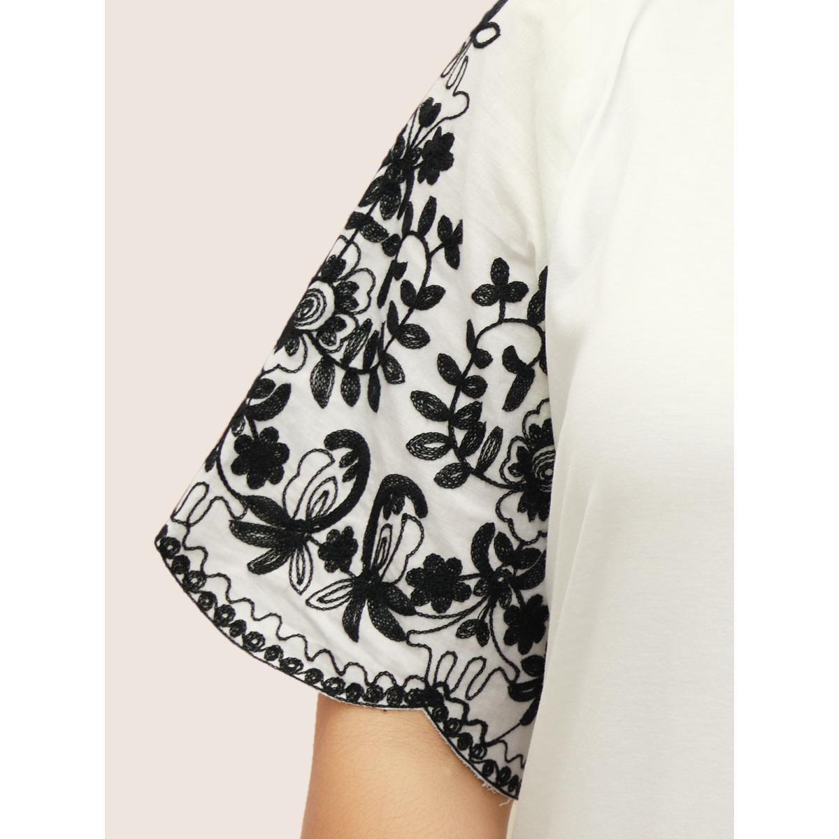 Plus Size Round Neck Floral Embroidered Scalloped Trim T-shirt White Women Resort Contrast Round Neck Vacation T-shirts BloomChic 22-24/3X Product Image