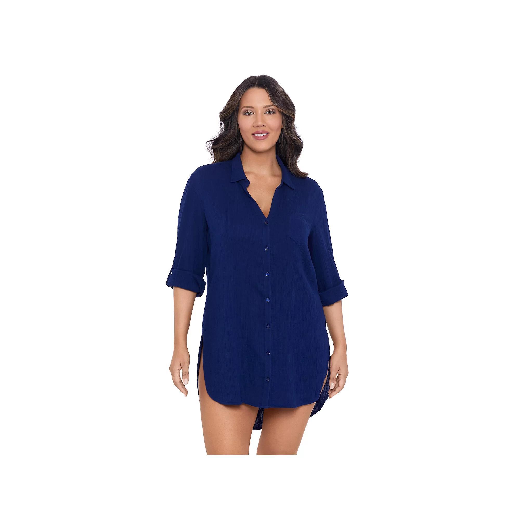 Women's Trimshaper Solid Button Down Swim Cover Up Shirt, Size: Medium, Ink Product Image