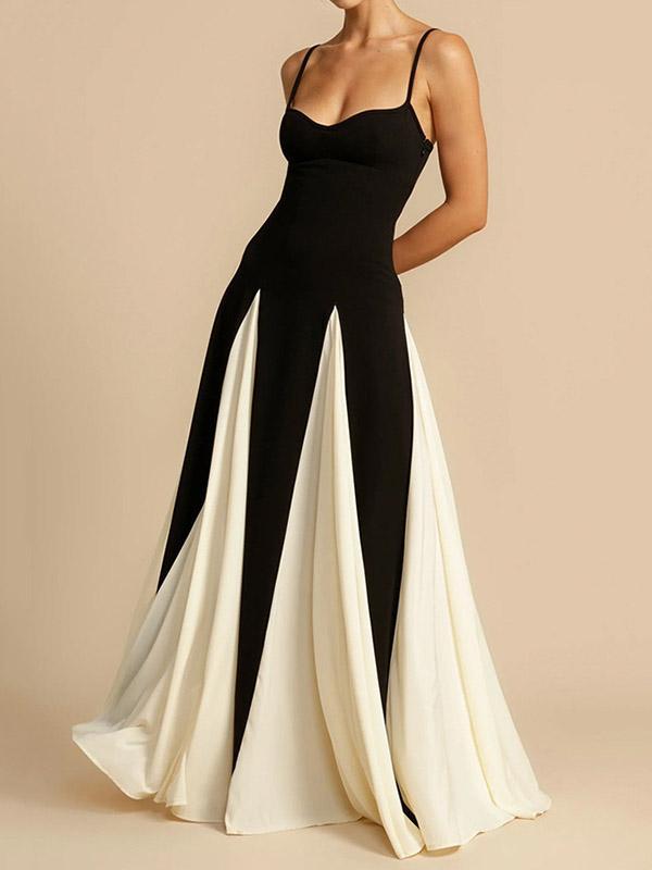 A-Line Sleeveless Contrast Color Pleated Split-Joint Spaghetti-Neck Evening Dresses Maxi Dresses Product Image