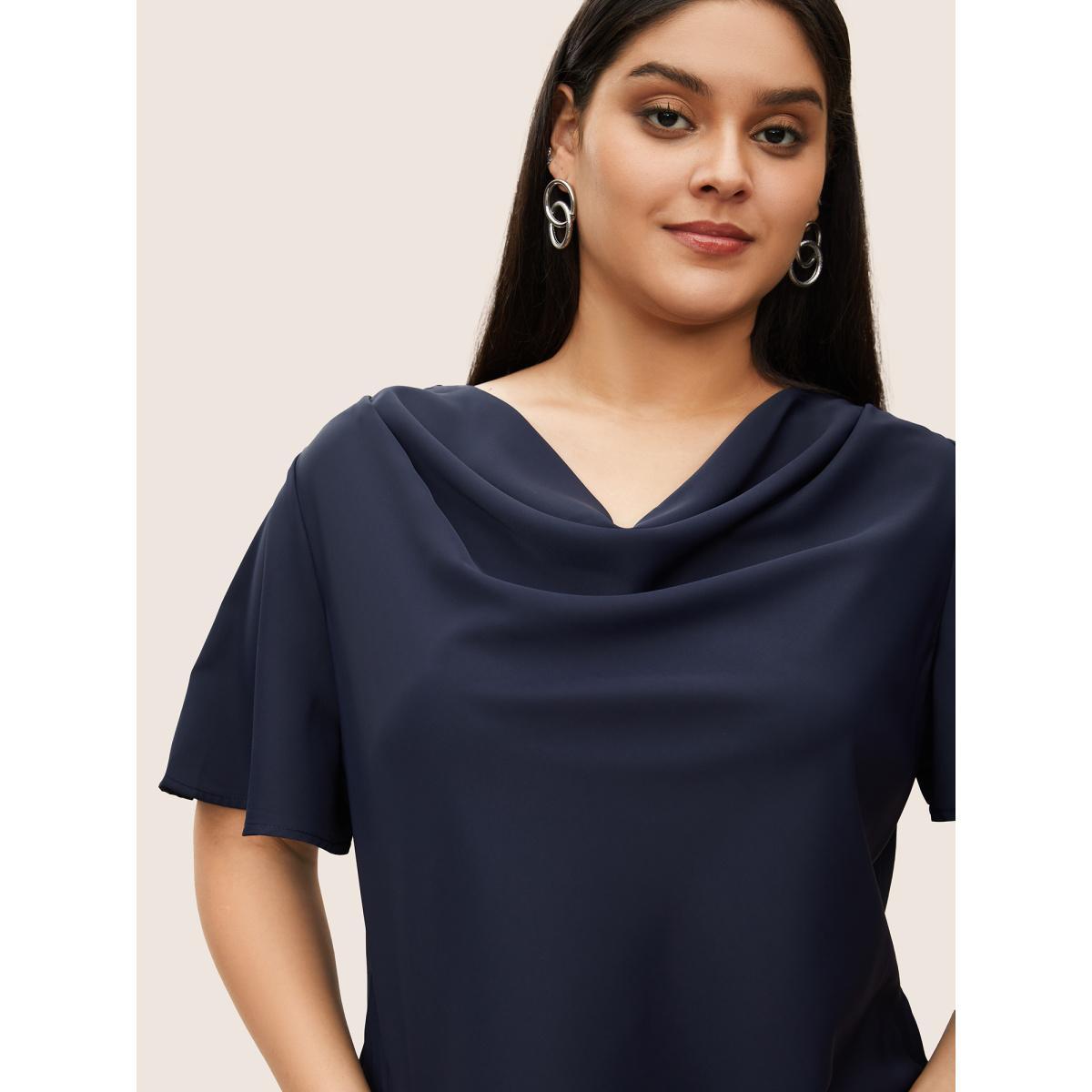 Plus Size Indigo Plain Cowl Neck Ruffle Sleeve Blouse Women Work From Home Short sleeve Cowl Neck Work Blouses BloomChic 14-16/1X Product Image