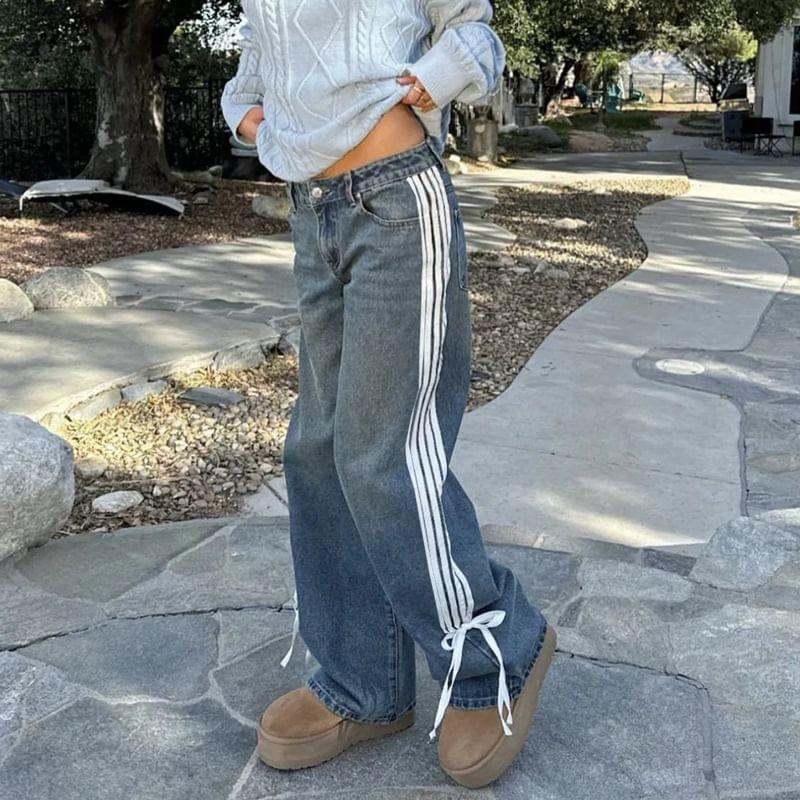 High Waist Washed Striped Bow Accent Straight-Fit Wide-Leg Jeans Product Image