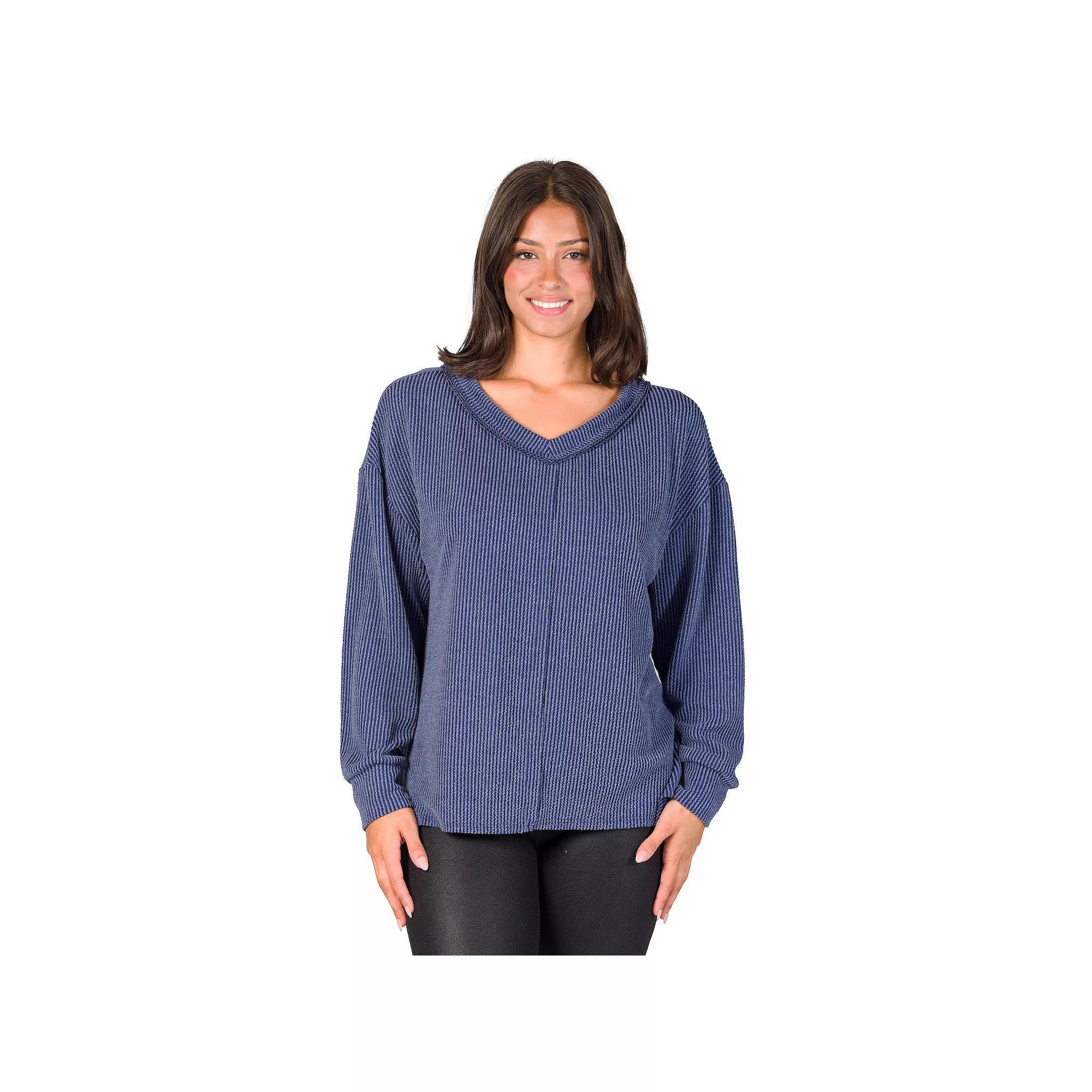 Women's 24Seven Comfort Apparel Relaxed Fit Ribbed V Neck Sweater Top, Size: Large, Blue Product Image