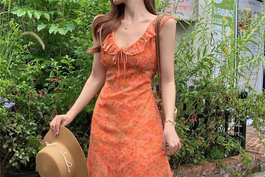 Sleeveless V-Neck Floral Print Ruffle Trim Tie Waist Maxi A-Line Dress Product Image