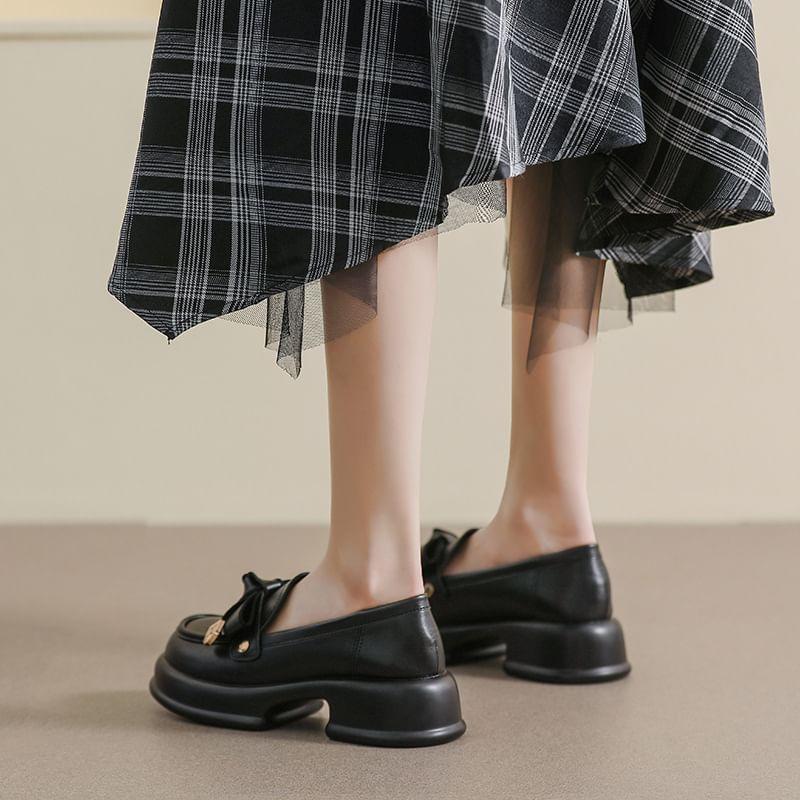 Faux Leather Platform Chunky Heel Lettering Bow Loafers Product Image