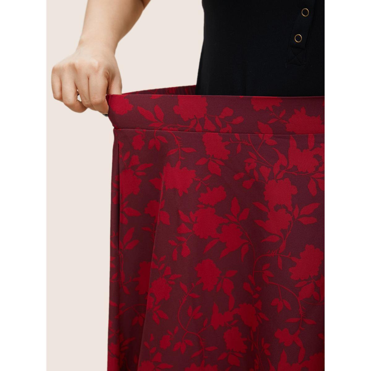 Plus Size Silhouette Floral Print Elastic Waist Pocket Cropped Skirt Women Burgundy Elegant Non No stretch Slanted pocket Everyday Skirts BloomChic 12/L Product Image