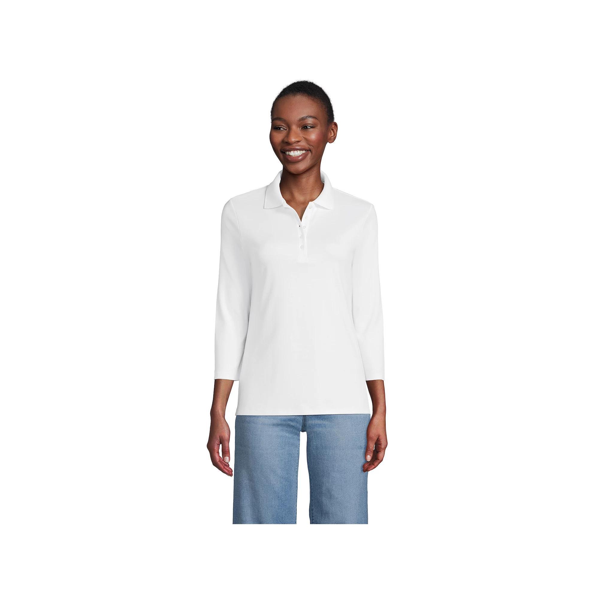 Petite Lands End Supima Cotton 3/4 Sleeve Polo Shirt, Womens Deep Blue Product Image