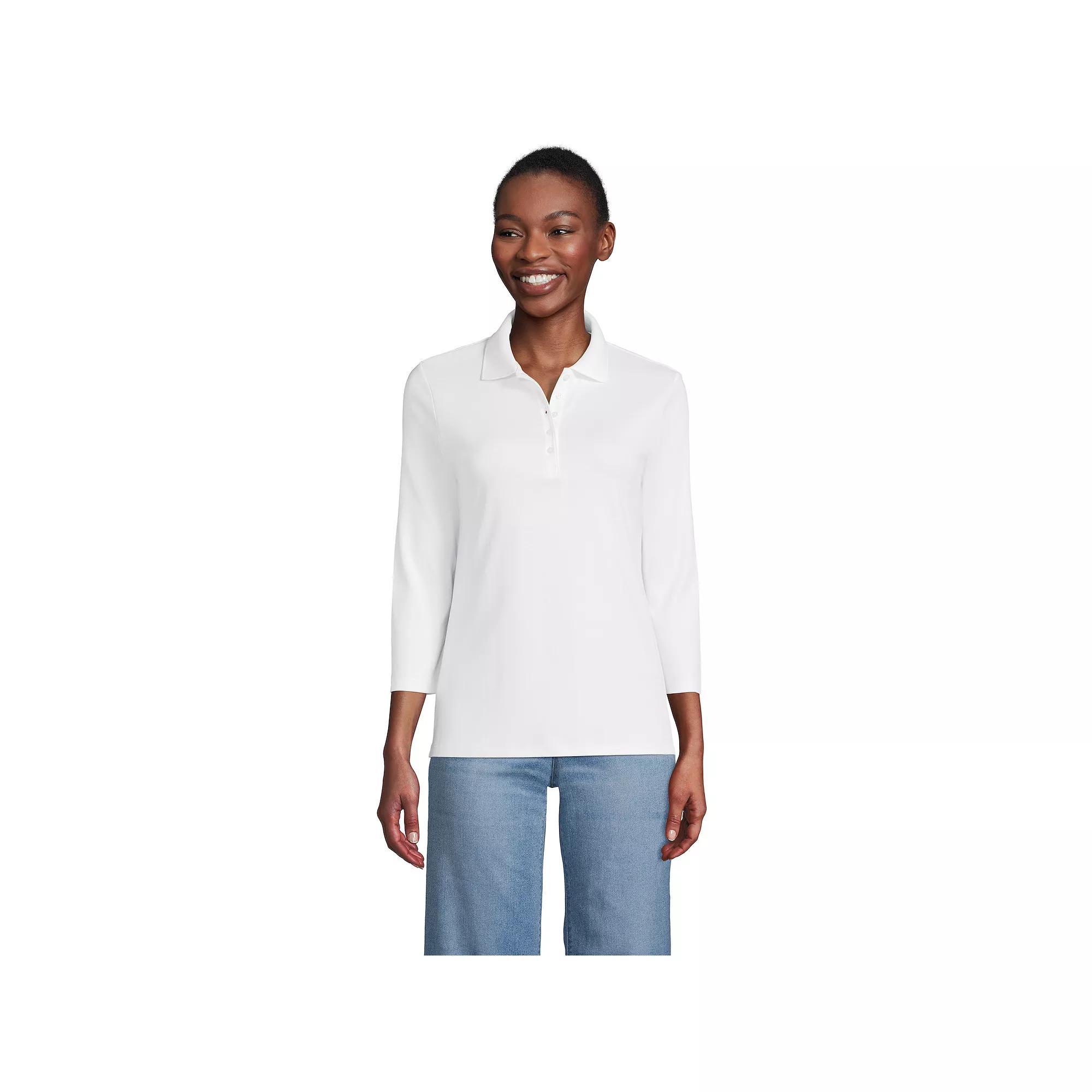 Petite Lands End Supima Cotton 3/4 Sleeve Polo Shirt, Womens Deep Blue Product Image