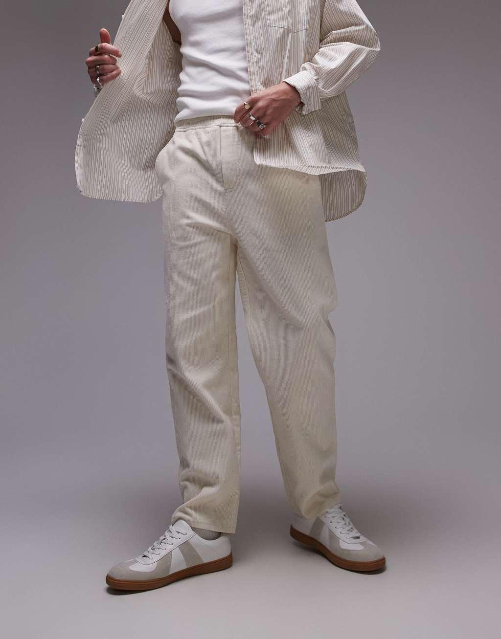 Topman tapered cord pants in ecru Product Image