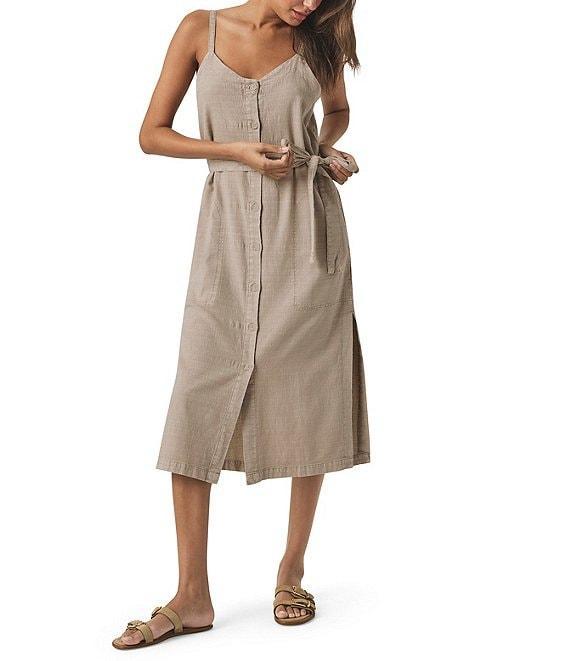 Splendid Amanda Linen Blend Knit V-Neck Sleeveless Belted A-Line Midi Dress Product Image