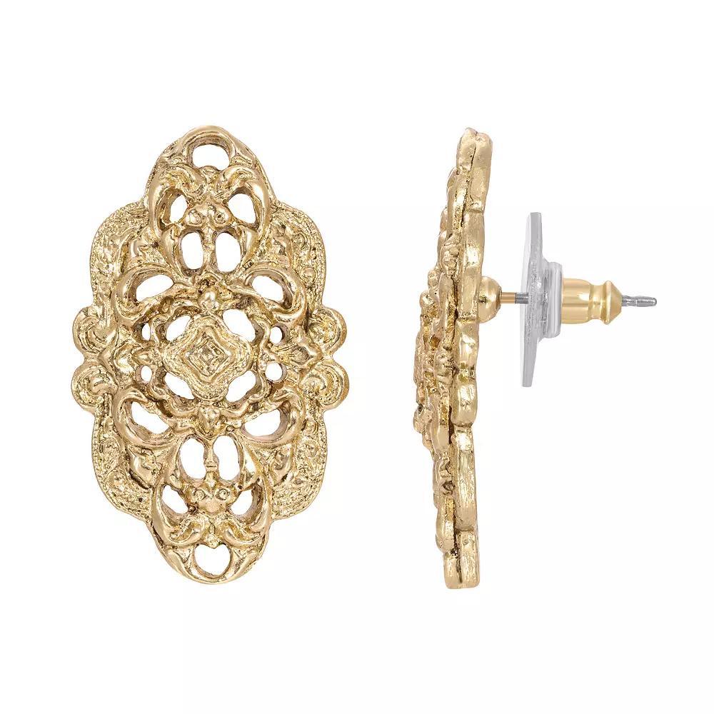 1928 Gold Tone Filigree Button Earrings, Womens Product Image