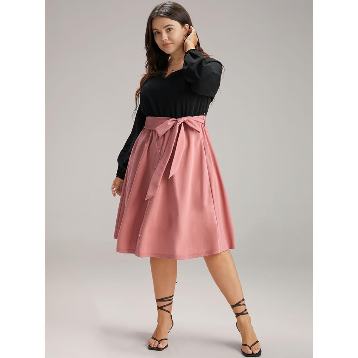 Plus Size Contrast Patchwork Button Detail Belted Dress Rouge Women At the Office Elastic cuffs Notched collar Long Sleeve Curvy Midi Dress BloomChic 30/6X Product Image