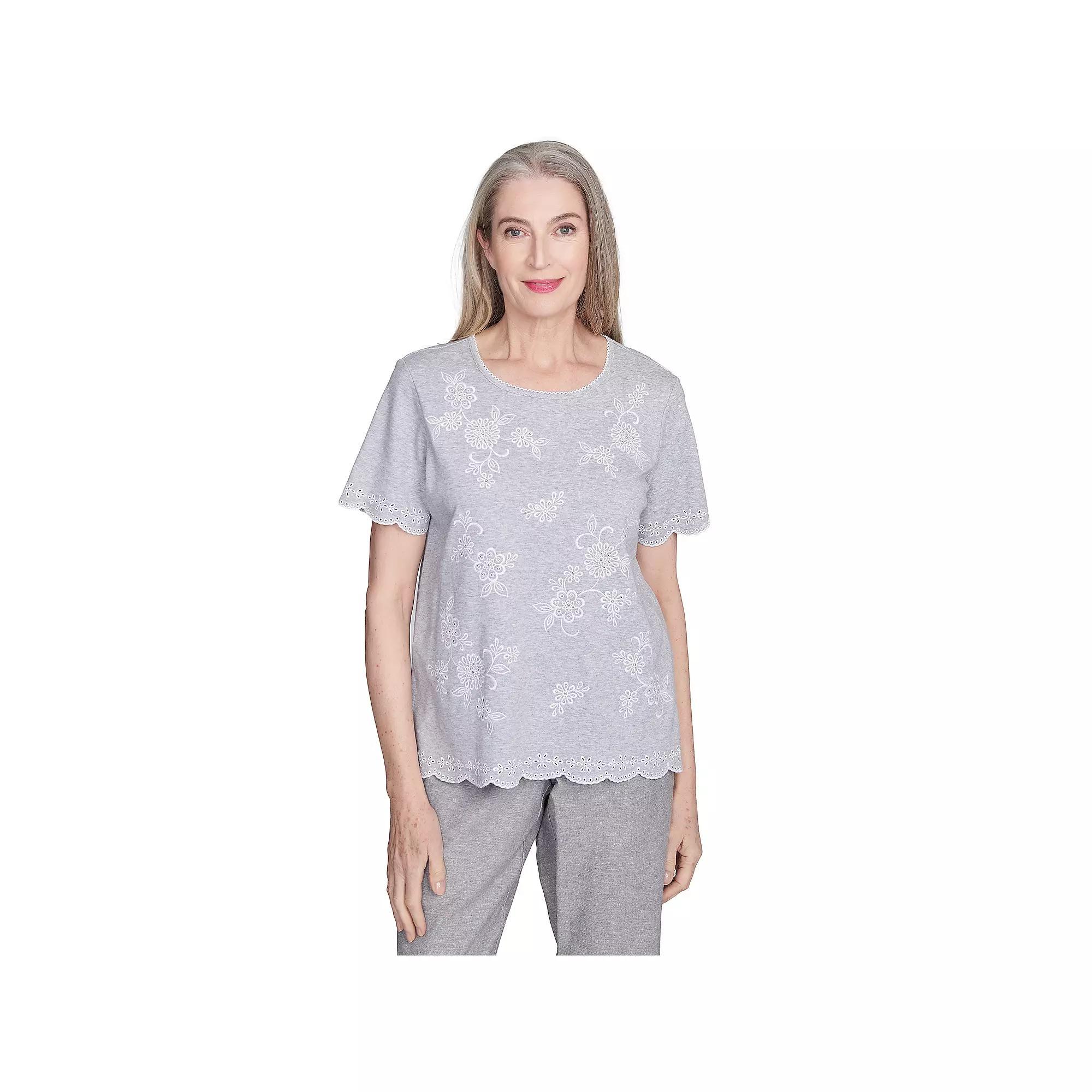 Petite Alfred Dunner Embroidered Tossed Flower Tee, Women's, Size: Medium Petite, Gray Product Image