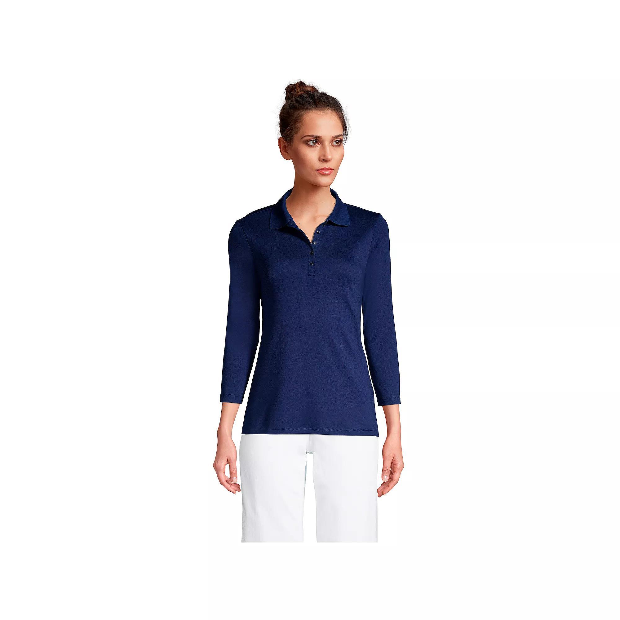 Petite Lands End Supima Cotton 3/4 Sleeve Polo Shirt, Womens Deep Blue Product Image