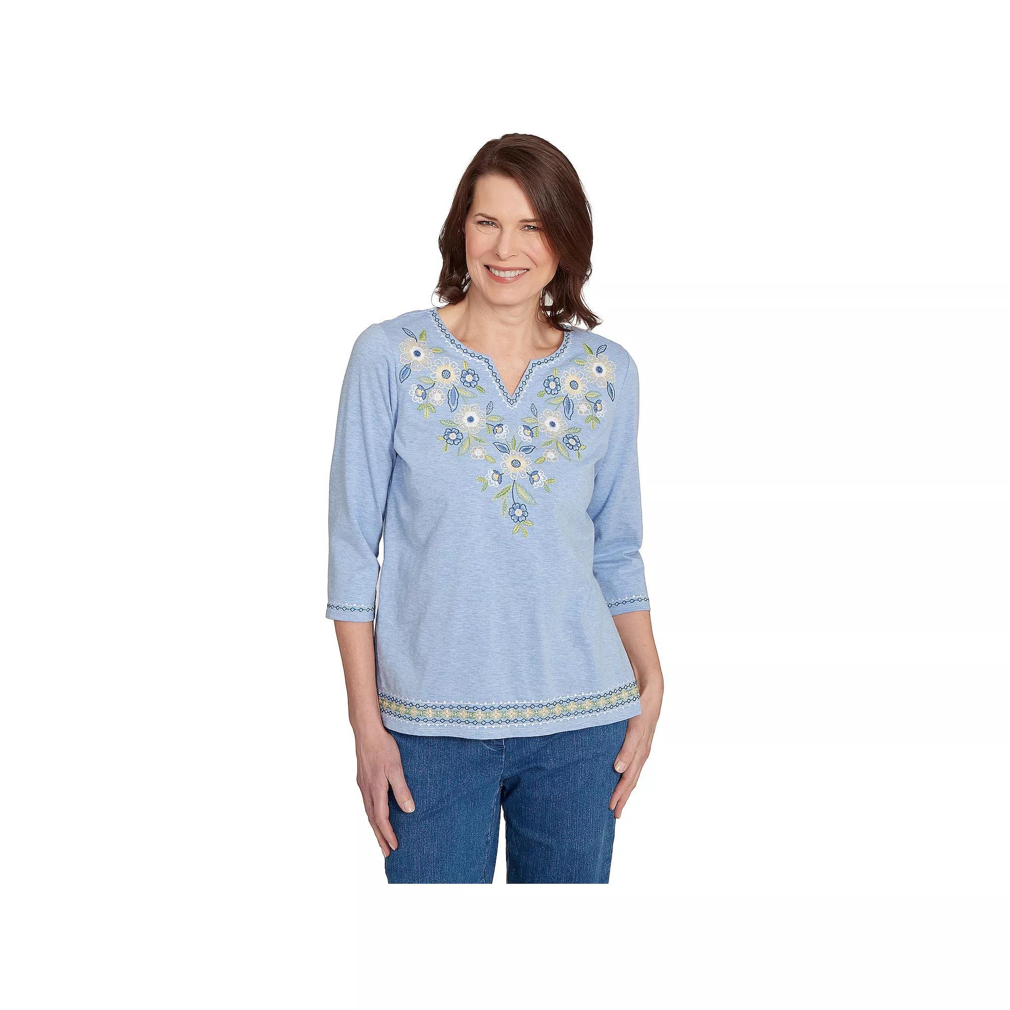 Petite Alfred Dunner Embroidered Daisy Split Neckline Top, Women's, Size: Large Petite, Blue Product Image