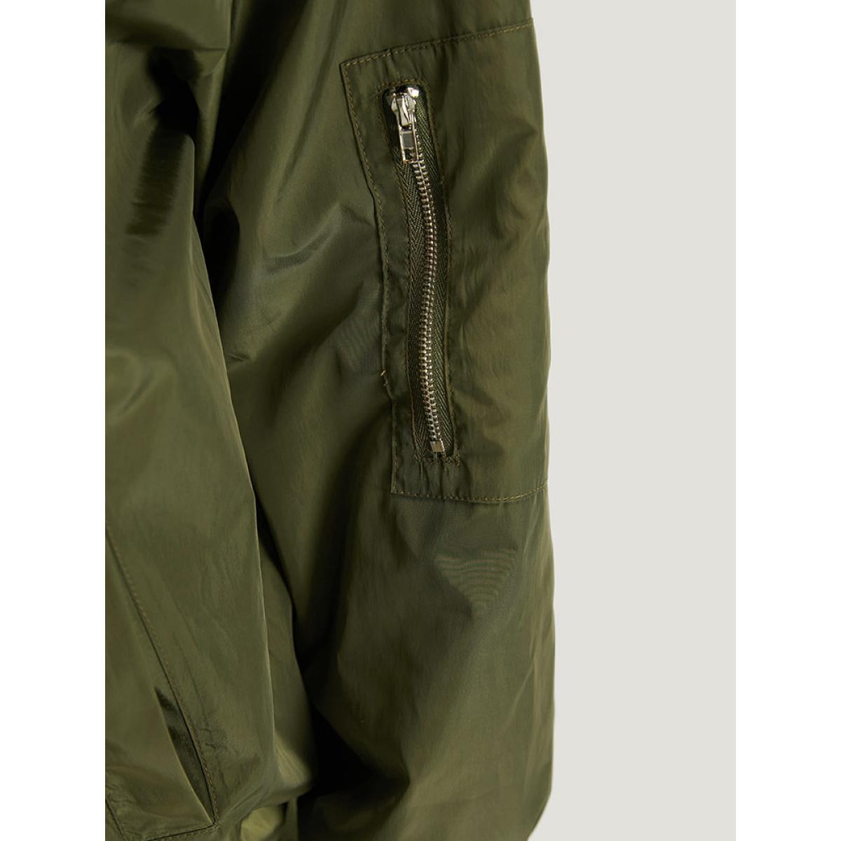Plus Size Plain Zipper Pocket Elastic Cuffs Jacket Women ArmyGreen Plain Pocket Dailywear Jackets BloomChic 10/M Product Image