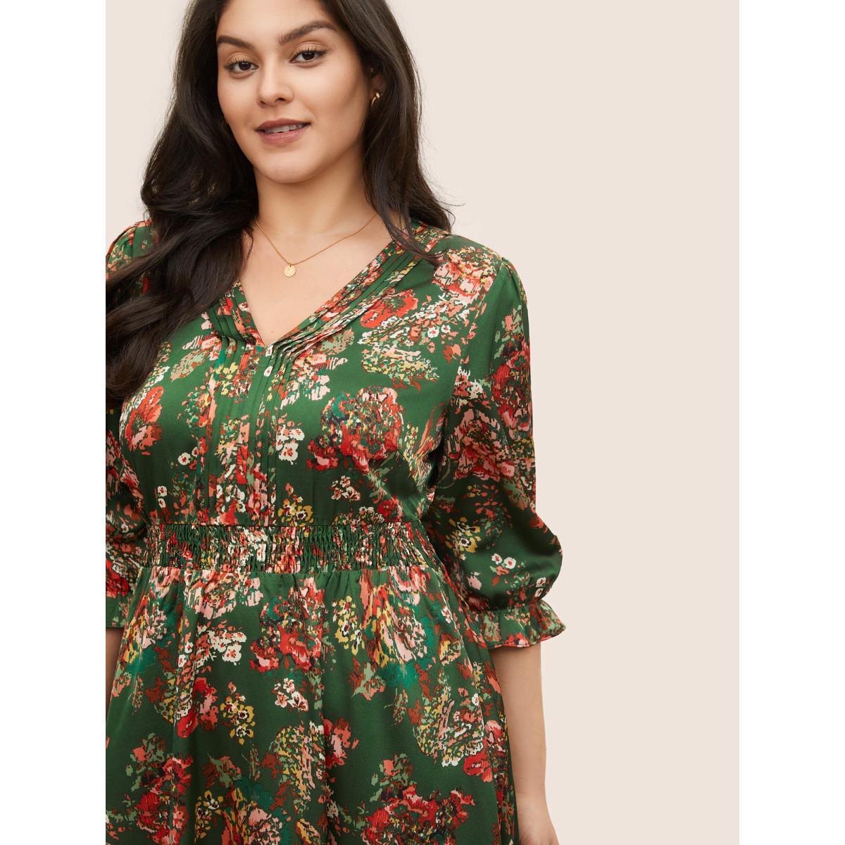 Plus Size Floral Print Flutter Sleeve Shirred Pleated Dress DarkGreen Women Elegant Non V-neck Elbow-length sleeve Curvy Midi Dress BloomChic 12/L Product Image