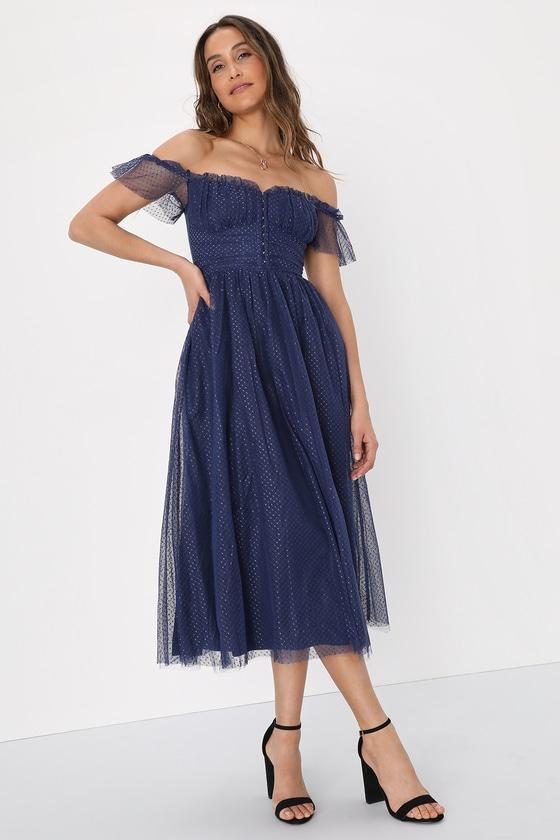 Regal Radiance Navy Blue Tulle Bustier Midi Dress Product Image
