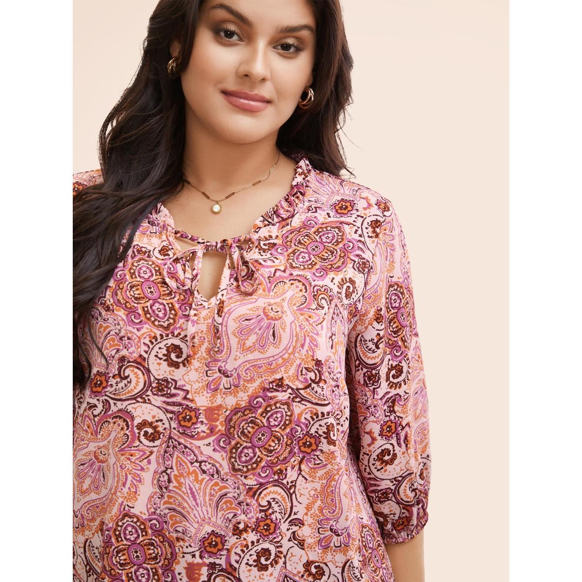 Plus Size Blush Bandana Frill Trim Tie Knot Blouse Women Elegant Elbow-length sleeve Notched collar Everyday Blouses BloomChic 22-24/3X Product Image