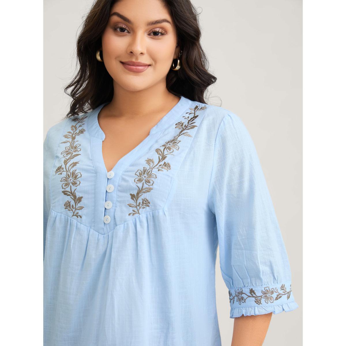 Plus Size LightBlue Cotton Floral Embroidered Notched Collar Frill Trim Blouse Women Casual Elbow-length sleeve Stand-up collar Everyday Blouses BloomChic 22-24/3X Product Image