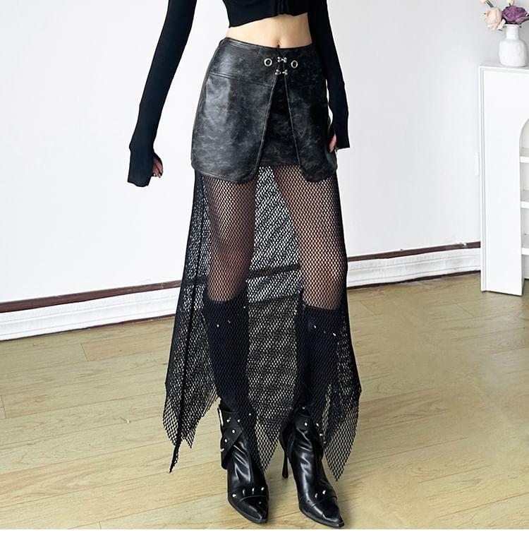 High Rise Faux Leather Mesh Panel Maxi A-Line Skirt Product Image