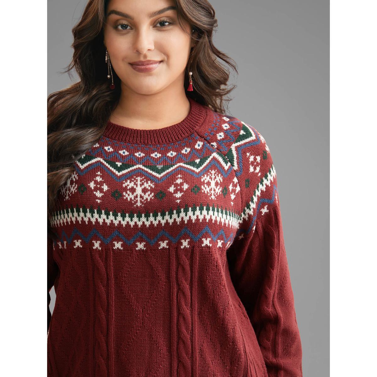 Plus Size Festive Fair Isle Cable Knit Pullover Deepred Women Casual Loose Long Sleeve Round Neck Everyday Pullovers BloomChic 18-20/2X Product Image