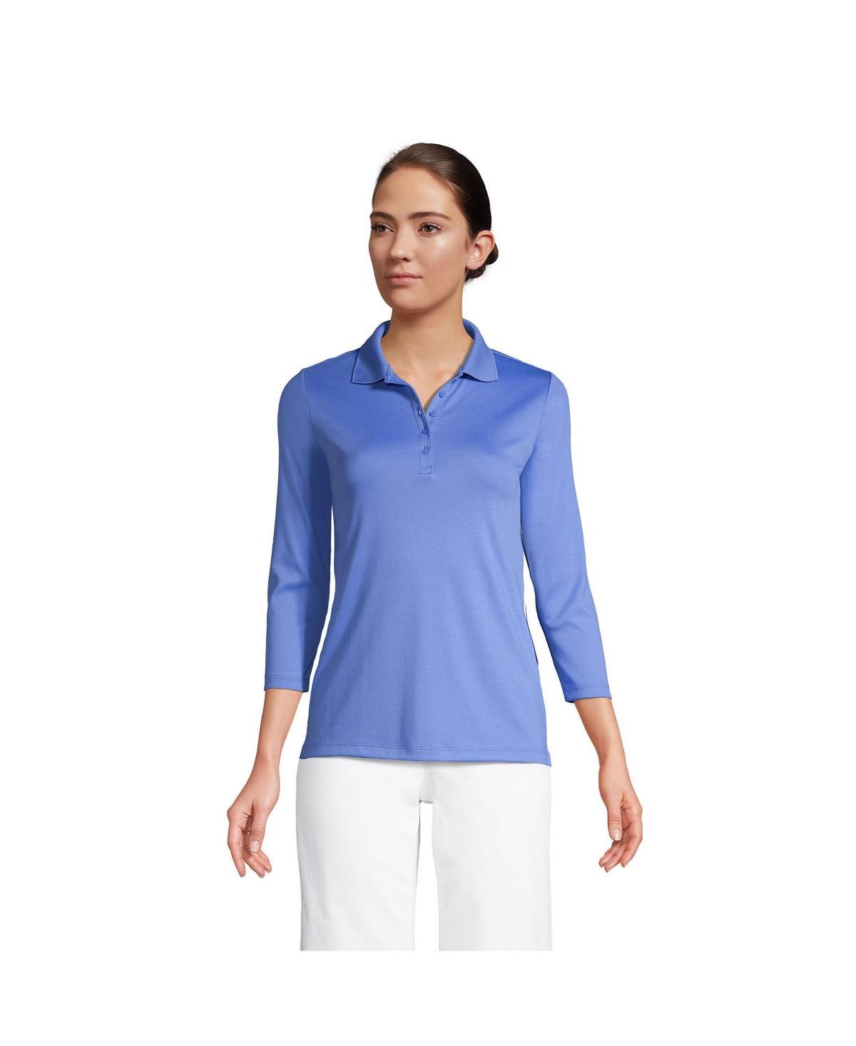 Petite Lands End Supima Cotton 3/4 Sleeve Polo Shirt, Womens Deep Blue Product Image