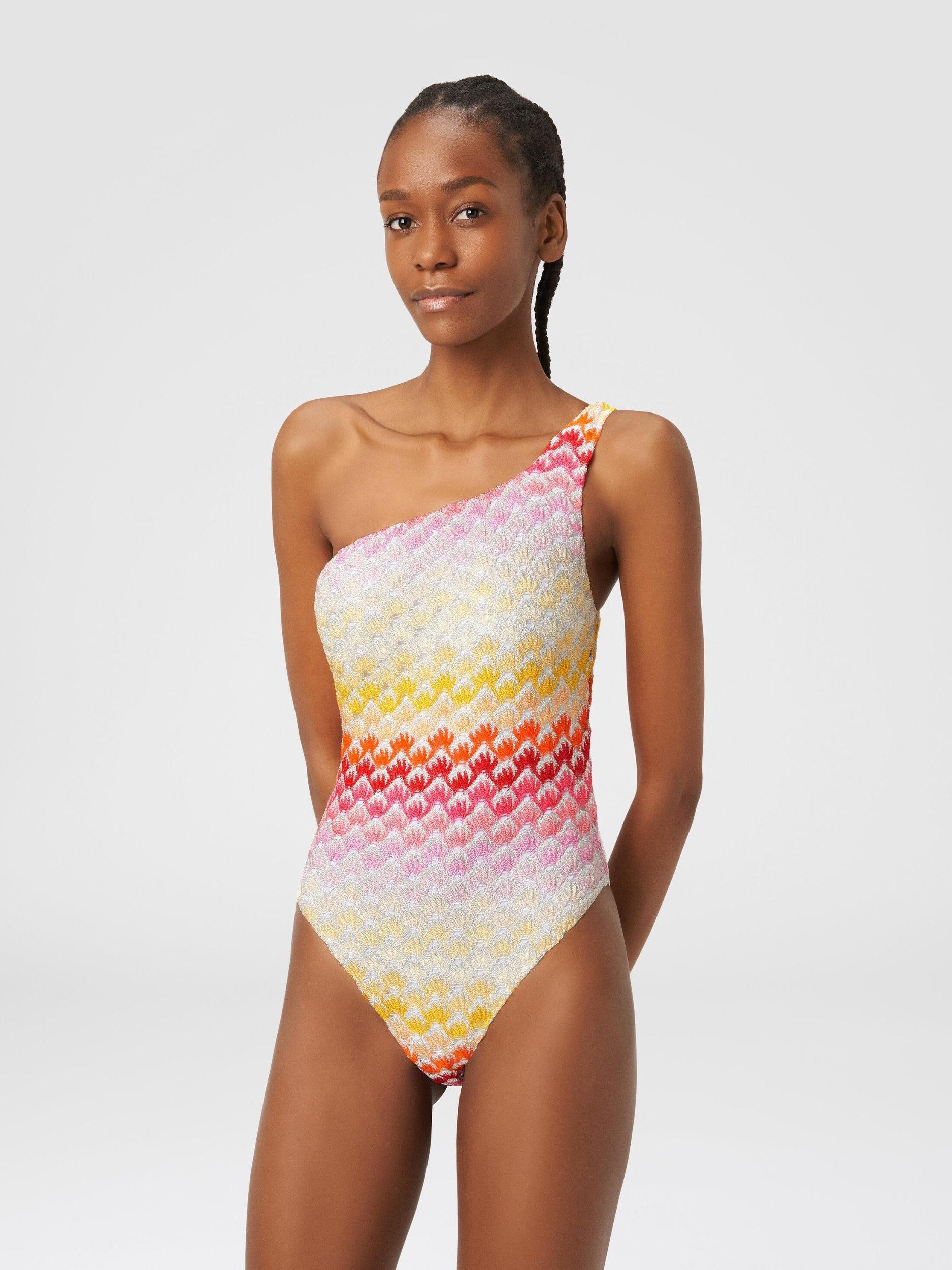 Lace-effect one-shoulder one-piece swimming costume with lurex Product Image