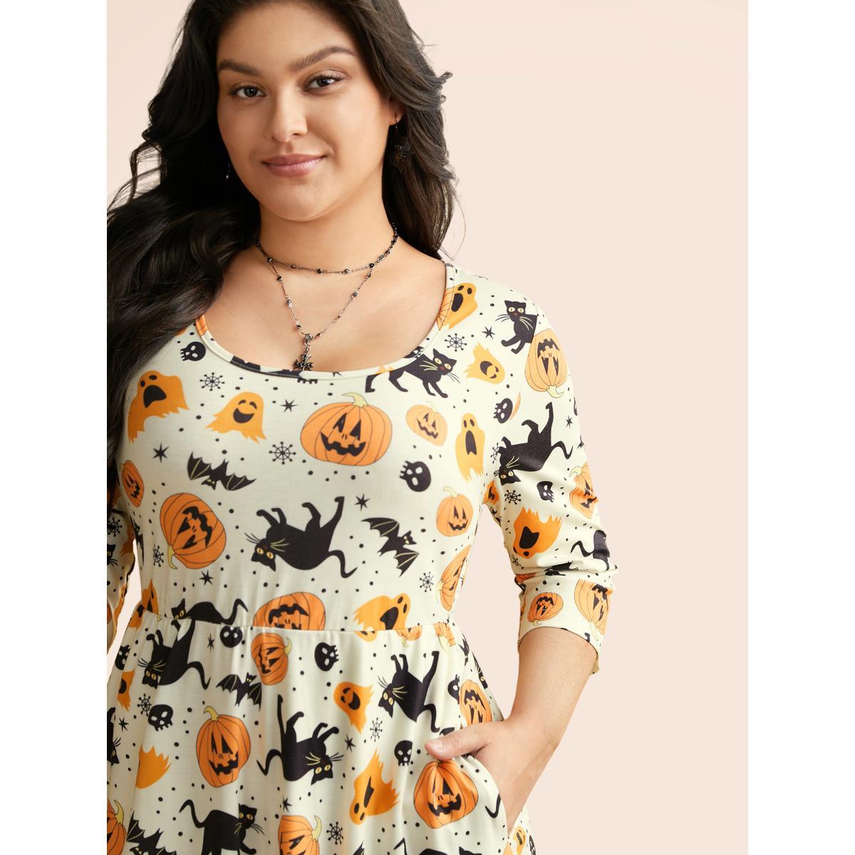 Plus Size Pumpkin Spiced Elastic Waist Printed Midi Dress Ivory Women Cocktail Non Party Curvy Bloomchic 22-24/3X Product Image