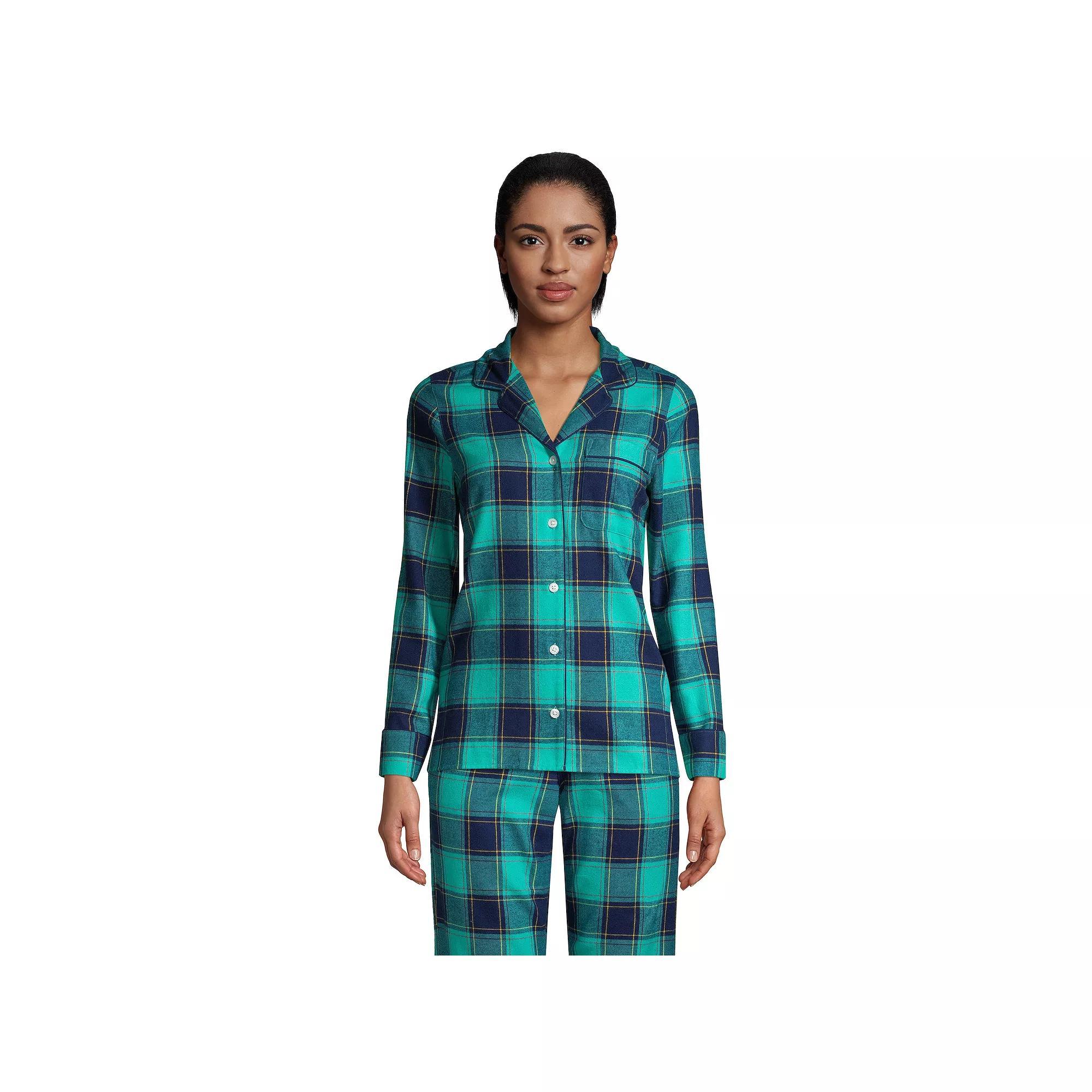 Womens Lands End Long Sleeve Flannel Pajama Top Blue Artisan Plaid Product Image