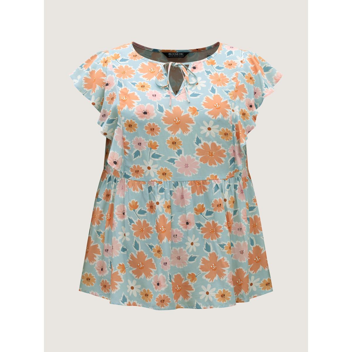 Plus Size Greenbean Floral Print Ruffled Sleeve Blouse Women Cap Sleeve Flat collar with V-notch Everyday-Casual Blouses BloomChic 10/M Product Image