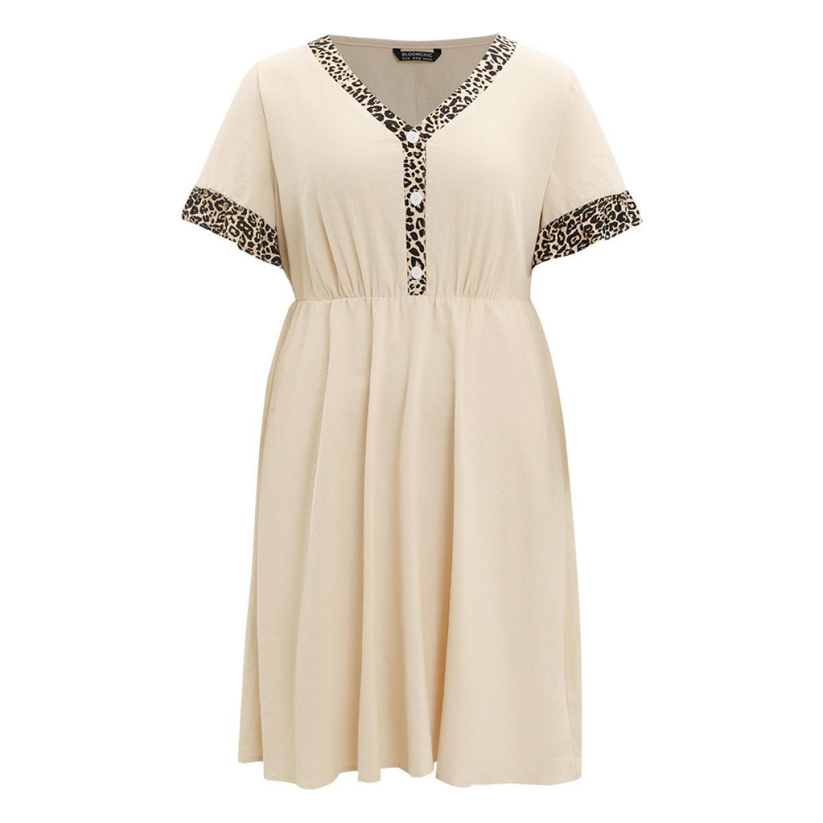 Plus Size Leopard Patchwork Pocket Flutter Trim Button Detail Dress Apricot Women Office Plain V-neck Short sleeve Curvy Midi Dress BloomChic 30/6X Product Image