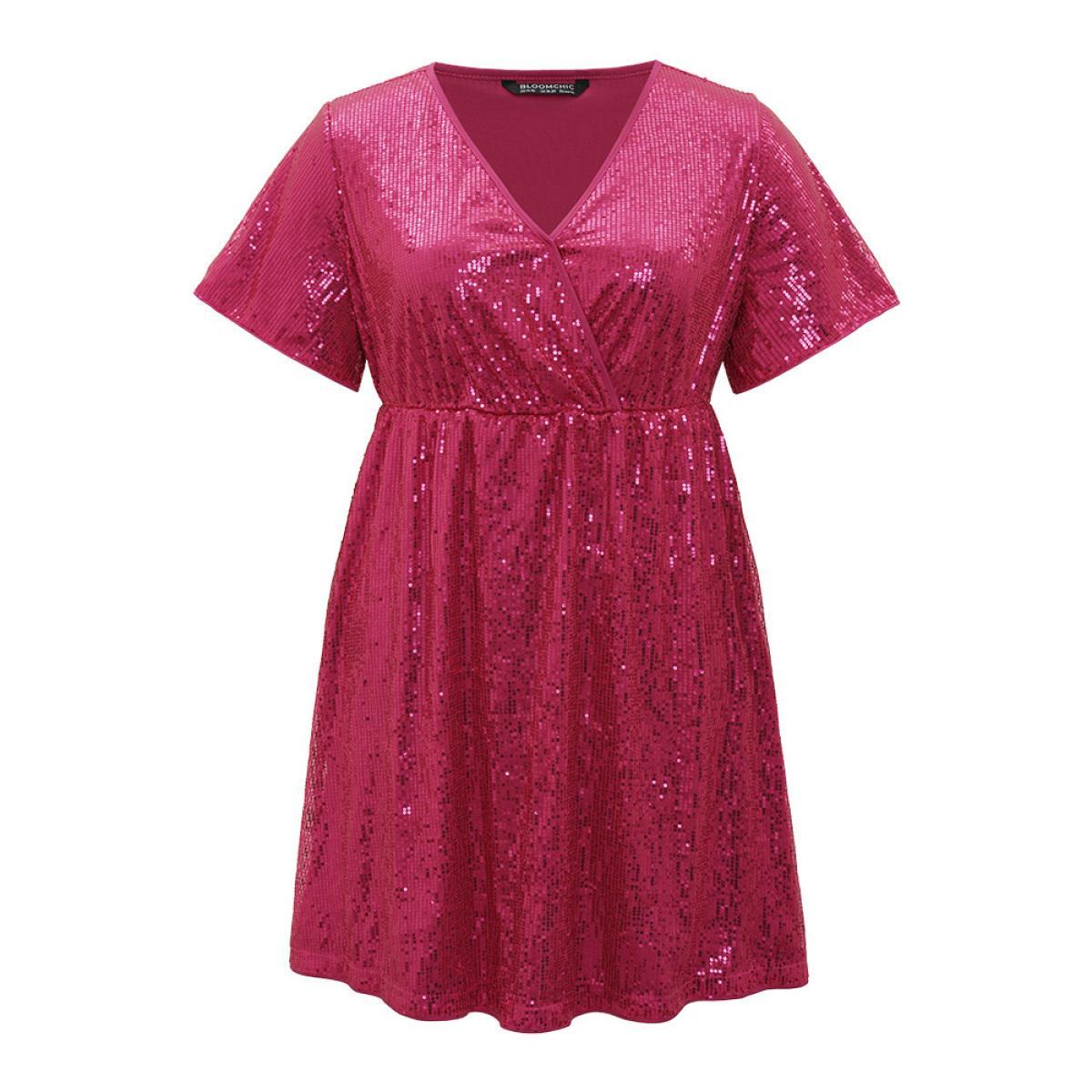 Plus Size Sequin Overlap Collar Elastic Waist Dress RedViolet Women Party Wrap Overlap Collar Short sleeve Curvy Midi Dress BloomChic 28/5X Product Image