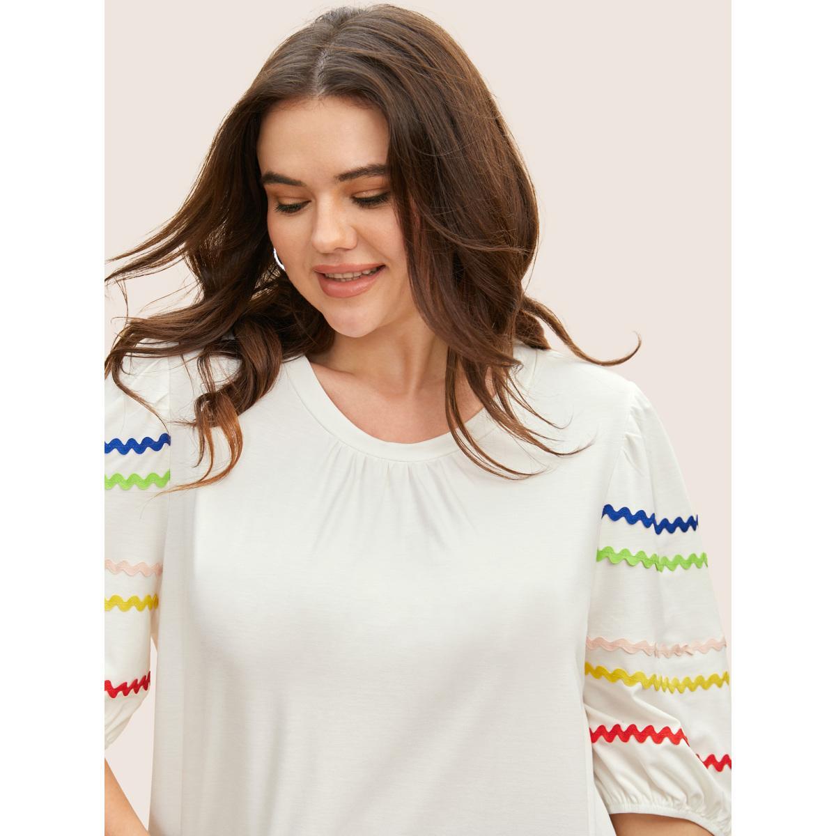 Plus Size Round Neck Contrast Webbing Lantern Sleeve T-shirt WhiteSmoke Women Casual Woven ribbon&lace trim Round Neck Everyday T-shirts BloomChic 18-20/2X Product Image