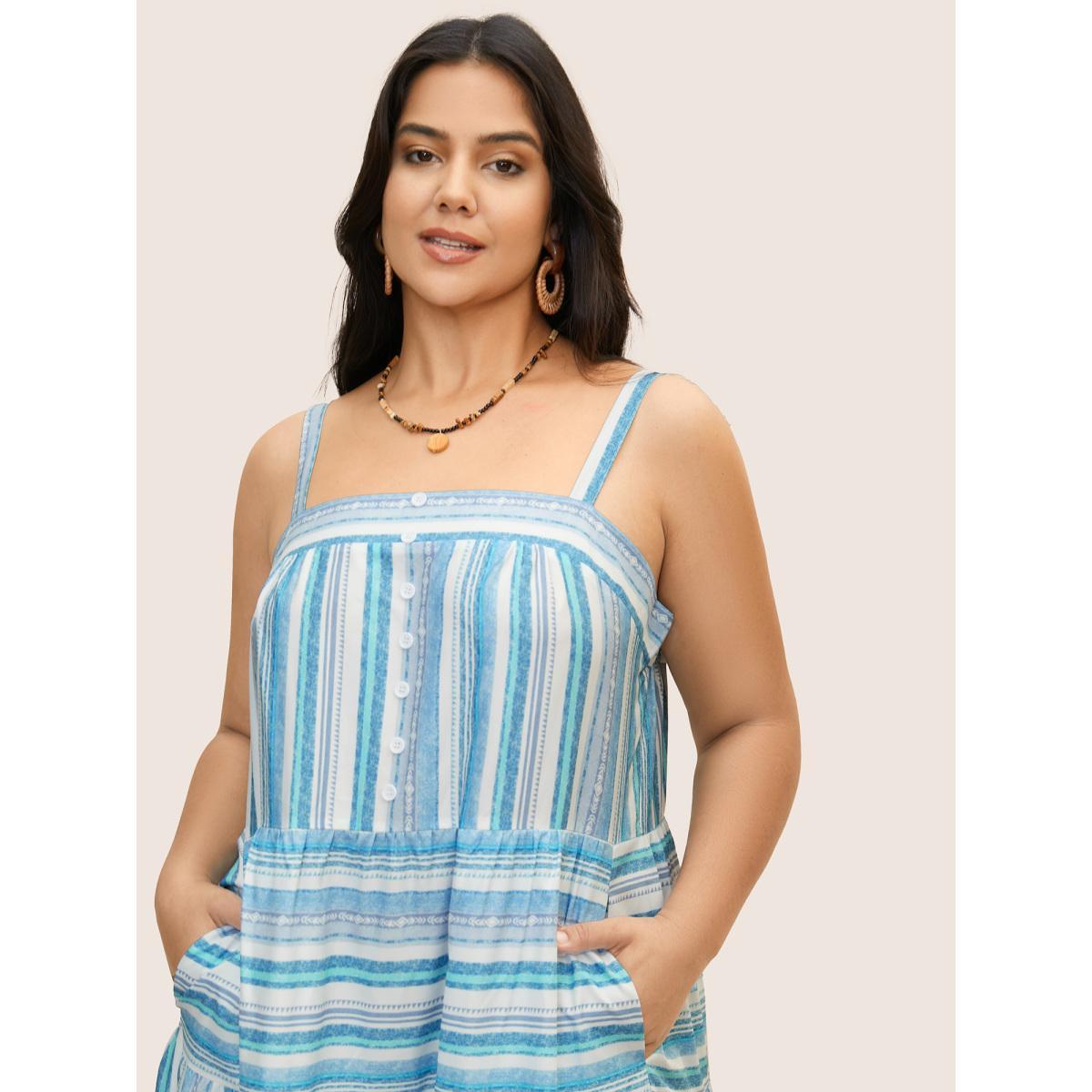 Plus Size Striped Button Detail Ruffle Layered Hem Dress Cerulean Women Resort Gathered Square Neck Sleeveless Curvy BloomChic 30/6X Product Image