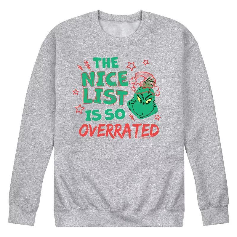 Mens Dr. Seuss The Grinch Nice List Overrated Fleece Sweatshirt Grey Gray Product Image