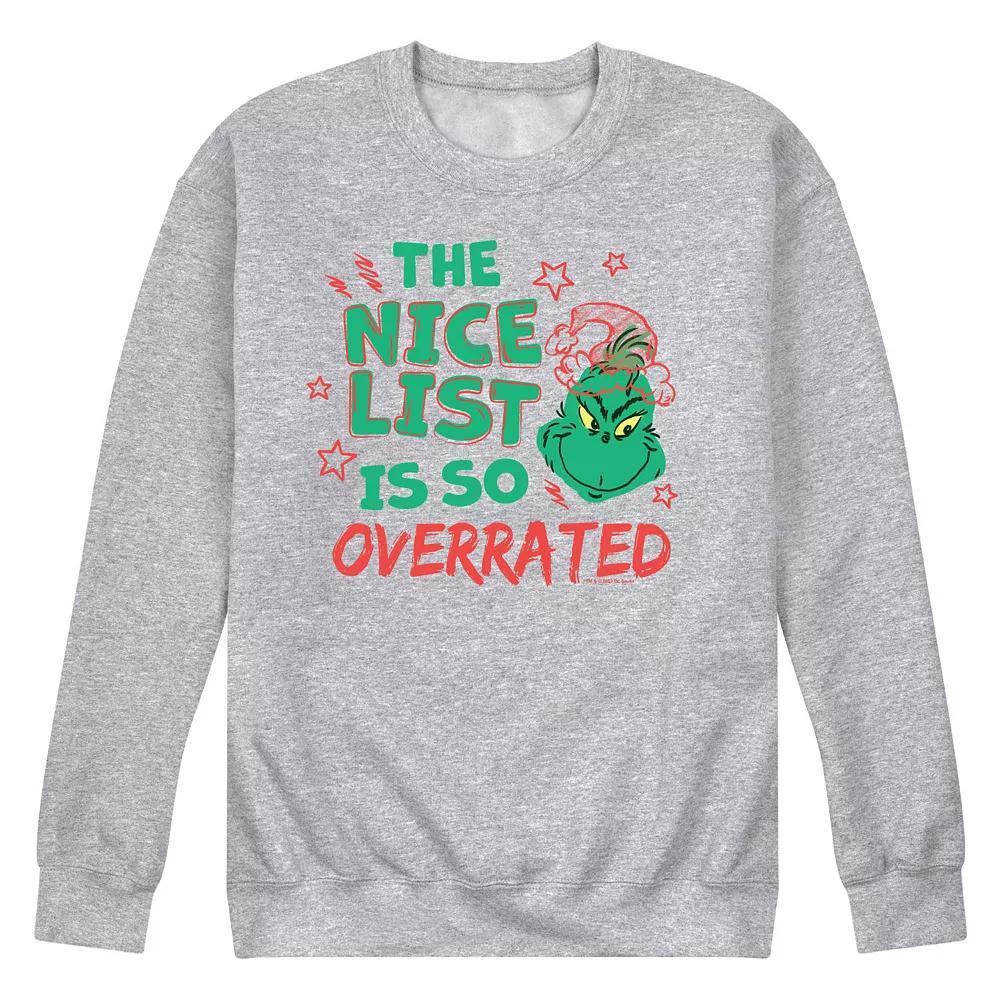 Mens Dr. Seuss The Grinch Nice List Overrated Fleece Sweatshirt Grey Gray Product Image
