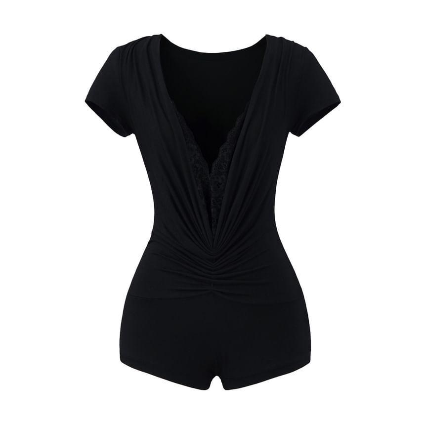 Short-Sleeve V-Neck Plain Lace Panel Slim Fit Romper Product Image