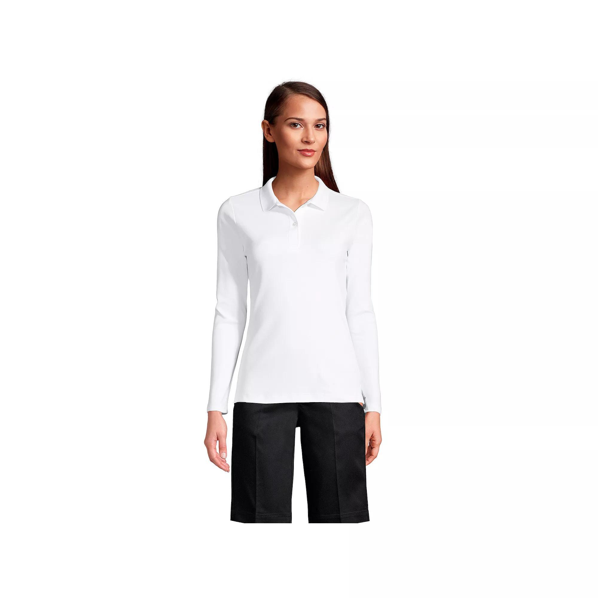 Women's Lands' End School Uniform Long Sleeve 2-Button Interlock Polo Shirt, Size: XS, White Product Image