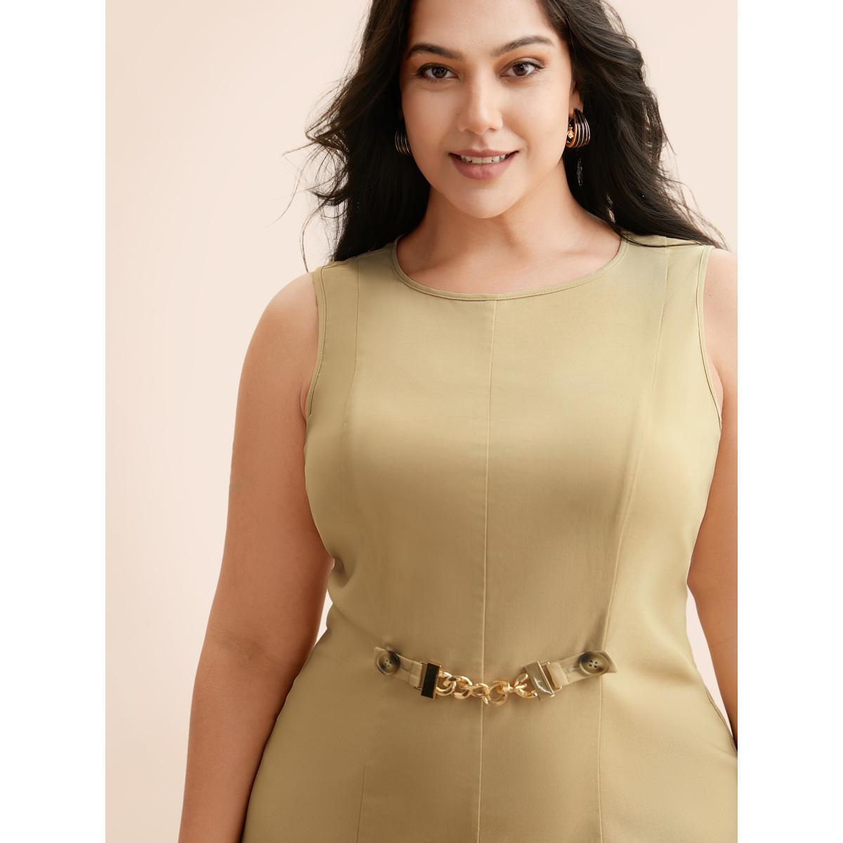 Plus Size Round Neck Metal Chain Detail Tank Dress Champagne Women Elegant Non Round Neck Sleeveless Curvy BloomChic 22-24/3X Product Image