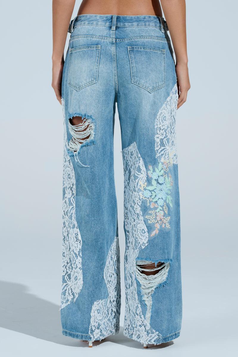 PICKING PEDALS FLORAL AND LACE DETAIL DENIM PANTS Product Image