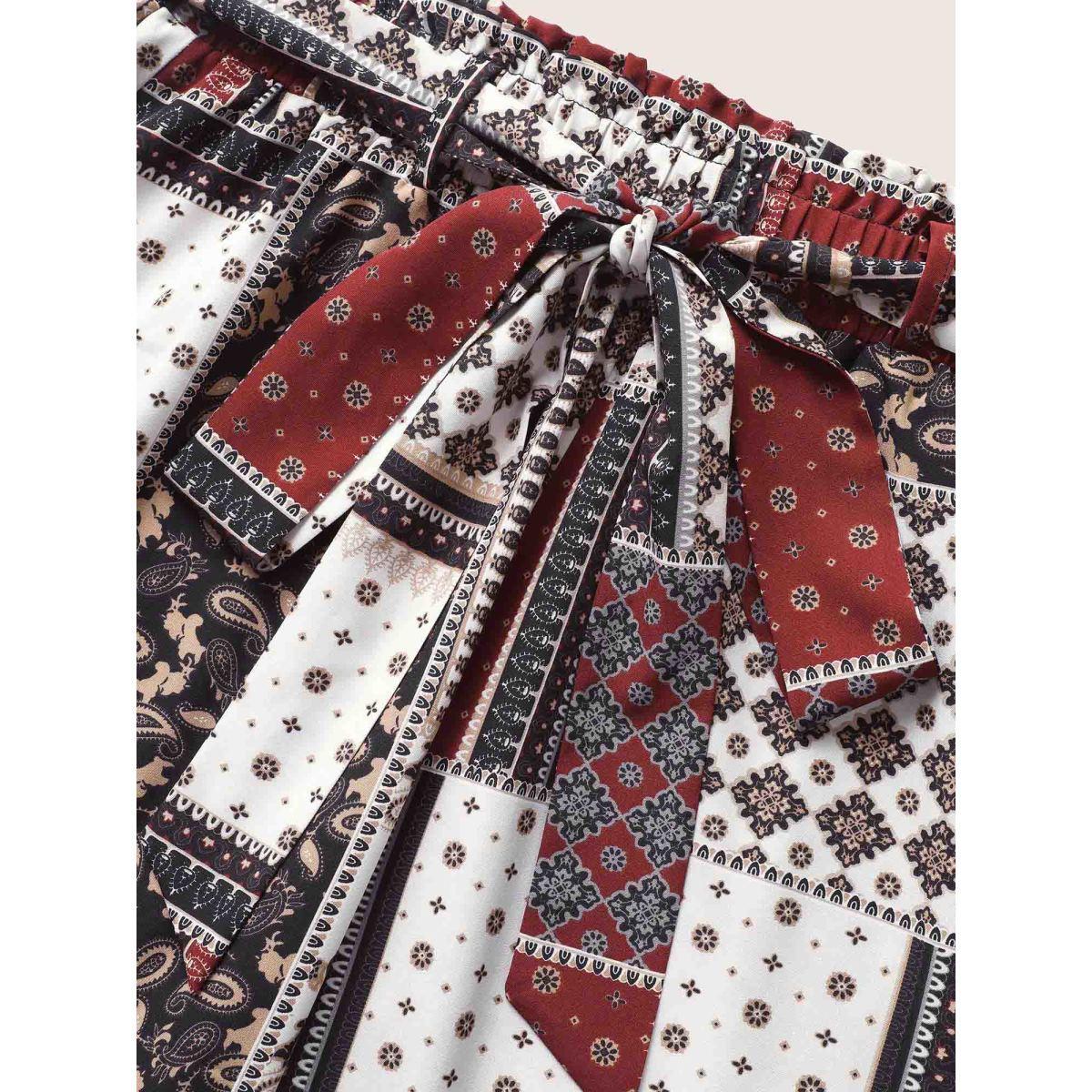 Plus Size Patchwork Floral Belted Wide Leg Pants Women Deepred Resort Wide Leg High Rise Vacation Pants BloomChic 30/6X Product Image