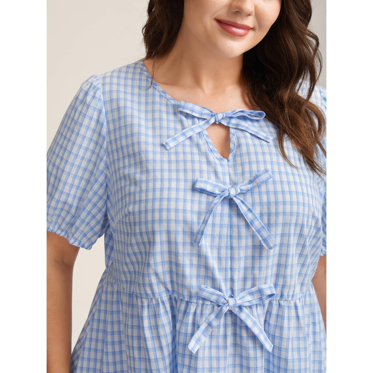 Plus Size LightBlue Bow Front Plaid Print Babydoll Top Women Short sleeve Notched collar Everyday-Casual Blouses BloomChic 28/5X Product Image
