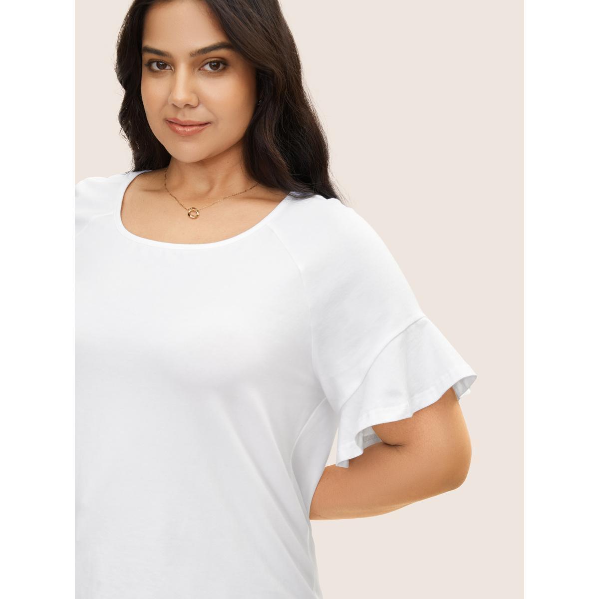 Plus Size Cotton Round Neck Plain Patchwork Ruffles T-shirt Originalwhite Women Elegant Patchwork Round Neck Everyday T-shirts BloomChic 28/5X Product Image