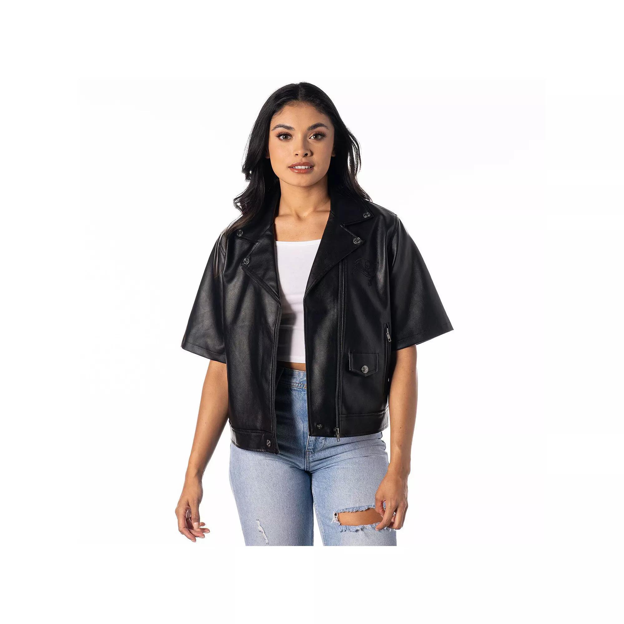 Women's The Wild Collective Black Tampa Bay Buccaneers Faux Leather Moto Short Sleeve Full-Zip Jacket, Size: Large Product Image