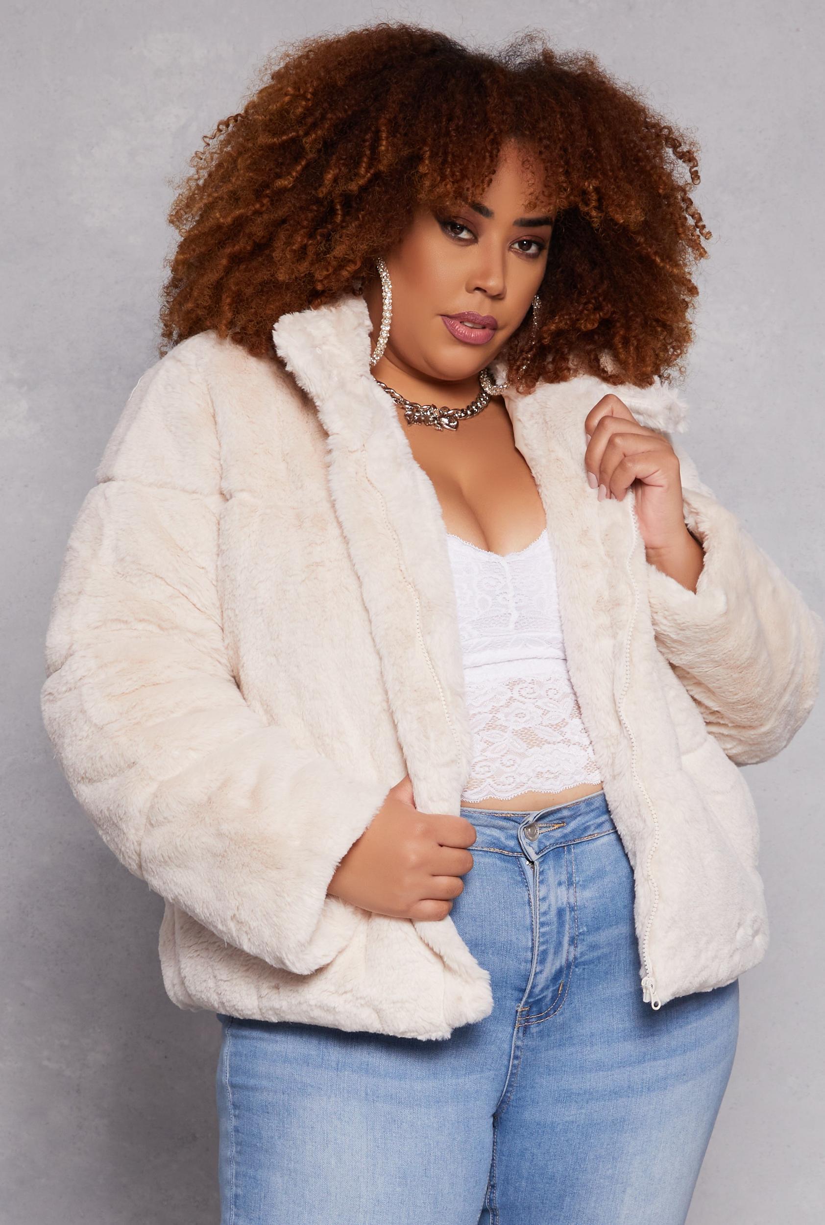 Womens Plus Size Faux Fur Zip Front Jacket Product Image