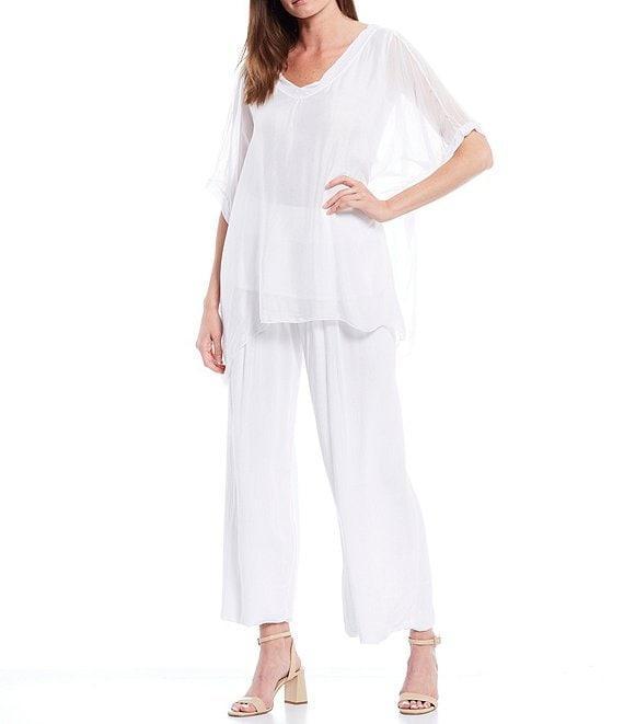 M Made in Italy V-Neck Sheer Sleeve Coordinating Sharkbite Hem Silky Woven Top Product Image