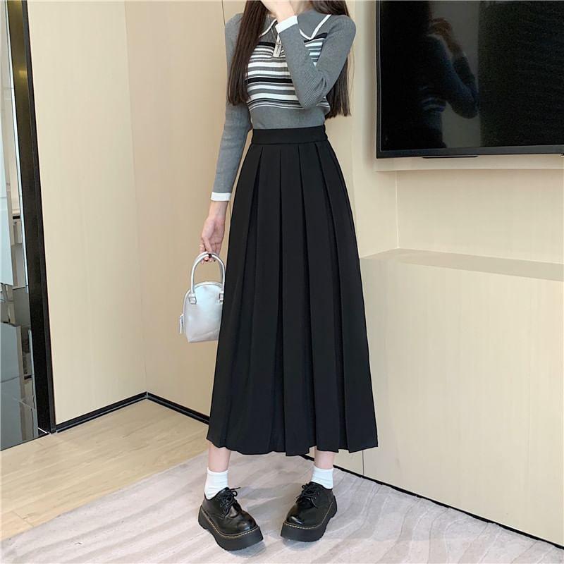 High Waist Plain Pleated Midi A-Line Skirt Product Image
