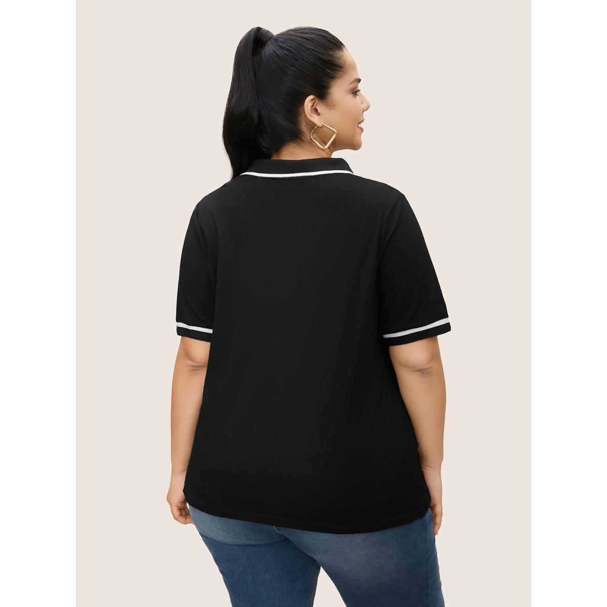 Plus Size Polo Neck Contrast Trim Short Sleeve T-shirt Black Women Casual Contrast Flat collar with V-notch Everyday T-shirts BloomChic 22-24/3X Product Image