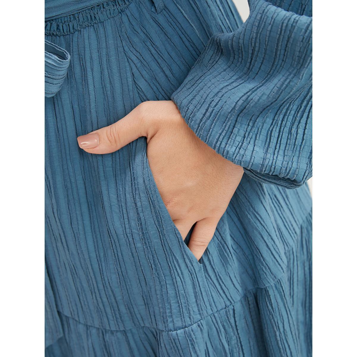 Plus Size Solid Textured V Neck Pocket Shirred Belted Flutter Dress Aegean Women Elegant Tiered V-neck Long Sleeve Curvy Midi Dress BloomChic 18-20/2X Product Image